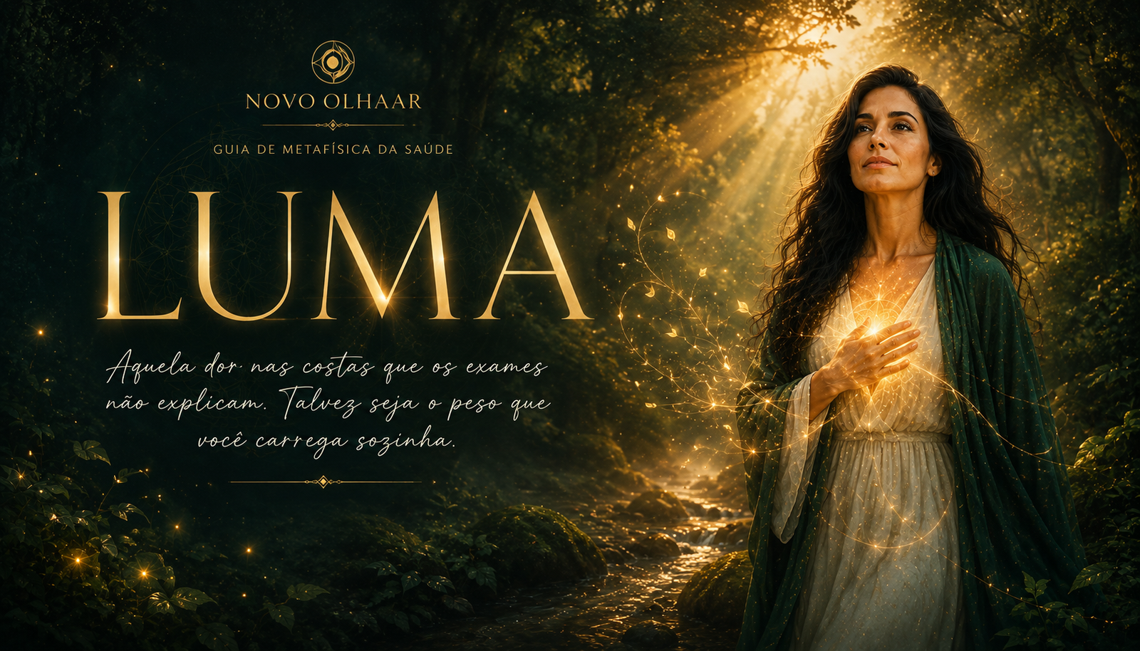 Luma — Guia de Metafísica da Saúde. Aquela dor nas costas que os exames não explicam. Talvez seja o peso que você carrega sozinha.