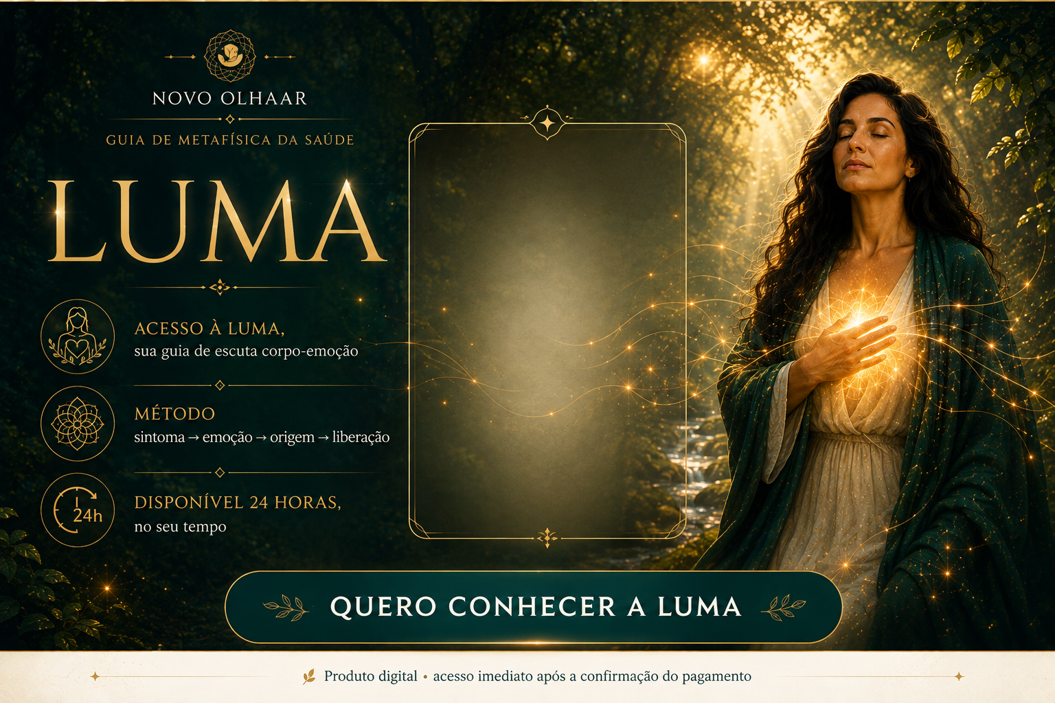 Luma — Guia de Metafísica da Saúde. Acesso à Luma, método sintoma → emoção → origem → liberação, disponível 24 horas. Quero conhecer a Luma.